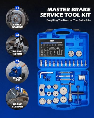 OMT 34pc Master Brake Caliper Tool Kit with 11 Adapters and Line Cutter | 1045 and 50BV30 Steel; Nickel Chrome Plating; Piston Compressor Set for Mechanics; Swivel Pad Spreader; Brake Maintenance