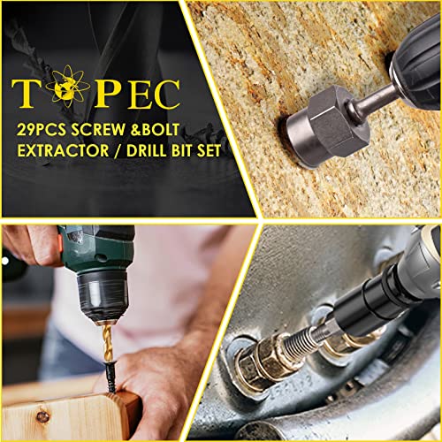 Topec Bolt Extractor Kit, 29 Piece Screw Extractor and Left Hand Drill Bit Set, Easy Out Stripped Lug Nut Remover Socket for Stripped, Damaged, Rounded-Off, Rusted Bolts, Nuts & Screws - size: 29-piece