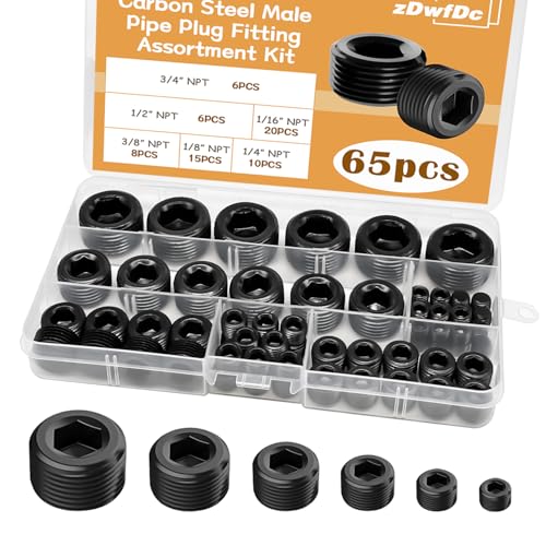 65PCS 6 Size 1/16" 1/8" 1/4" 3/8" 1/2" 3/4" NPT Pipe Fittings, Black Carbon Steel Pipe Plug Socket Set DD032-65 - size: 65PCS