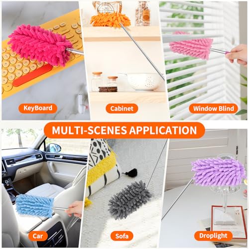 Mini Duster for Cleaning, 360° Bendable Hand Dusters with Extension Pole, Washable Small Duster for Car Interior, Office, Furniture - color: 3 Pack Blue Grey Purple