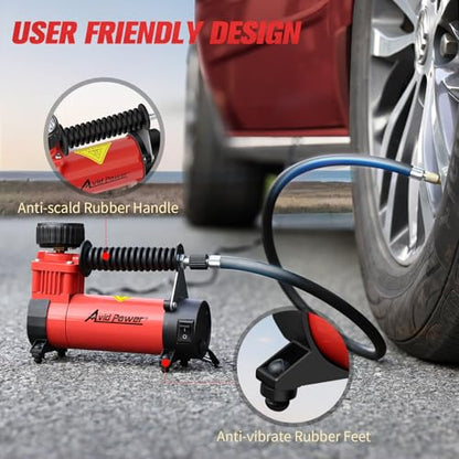 AVID POWER 12V DC Tire Inflator Portable Air Compressor, Compact Air Pump w/Copper Motor, Easy Operation 12V Tire Pump w/Carrying Case & 3 Adapters (Red)
