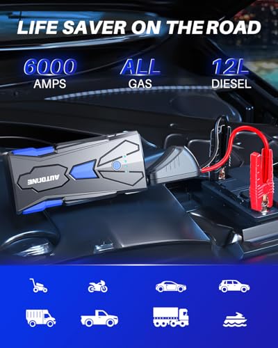 AUTOONE 6000A Car Battery Jump Starter Up to All Gas & 12L Diesel Engine, Car Battery Jumper Starter Portable 12V Jump Box with USB Output, Storage Case, LED Flashlight - size: 6000A
