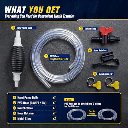 Manual Siphon Pump, 9.84FT Fuel Transfer Pump for Gasoline Diesel Oil Water, Portable Hand Pump Siphon Hose with PVC Hose, Switch Valve, Hose Retainer and Metal Clips