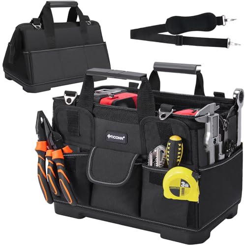 TICONN Heavy Duty Tool Bag with Multi-Pockets, Portable Tool Box Organizer Storage Bag, with Adjustable Shoulder Strap and Ergonomic Handle (Black, 14" Molded Base) - color: Black, size: 14" Molded Base