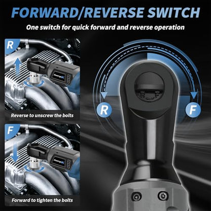 AwxryoX 3/8" Cordless Ratchet Wrench, 120N.m (89 FT-LBS) 21V Brushless Power Ratchet Driver, Electric Ratchet Tool, 2×2.0Ah Batteries, 300RPM Variable Speed, 8 Sockets, 1/4" Adapter & 3" Extension Bar