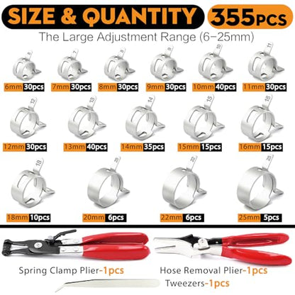 355Pcs Spring Band Hose Clamp Assortment Kit, 6-25mm 15 Sizes Carbon Steel for Fuel Line, Vacuum & Silicone Hoses, Automotive & DIY, with Swivel Jaw Pliers & Removal Tool - size: 15 sizes-355 PCS