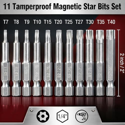 Bates- Security Torx Bit Set, 11 pcs, 2" Long, 1/4" Drive Hex Shank, T7-T40 | S2 Steel, Tamperproof Magnetic Star Bits Set, Automotive, Electronics, Furniture, Computer, DIY Repair