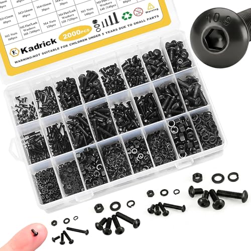 Kadrick Metric Screw Assortment, 2000PCS Metric Bolt Assortment Kit M2 M3 M4 M5 Machine Screws with Lock & Flat Washers, Grade 10.9 Alloy Steel Hex Socket Button Head Black Screws Nuts and Bolts Kit - size: M2-M5 2000Pcs