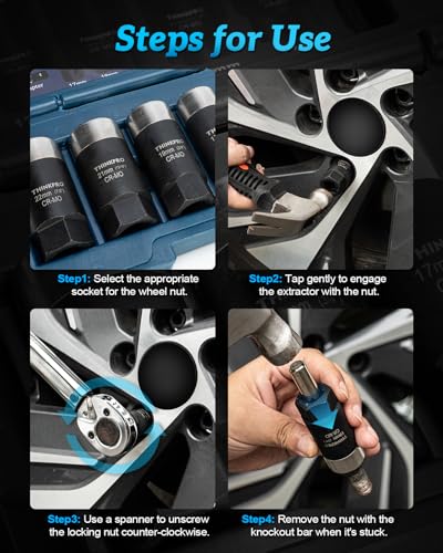 Locking Lug Nut Removal Tool 6 Pieces Deep Lug Nut Extractor Set | Stripped Lug Nut Remover, 1/2" Drive, 17/19/21/22MM, Wheel Lock Removal Kit, For Broken Bolts and Nuts