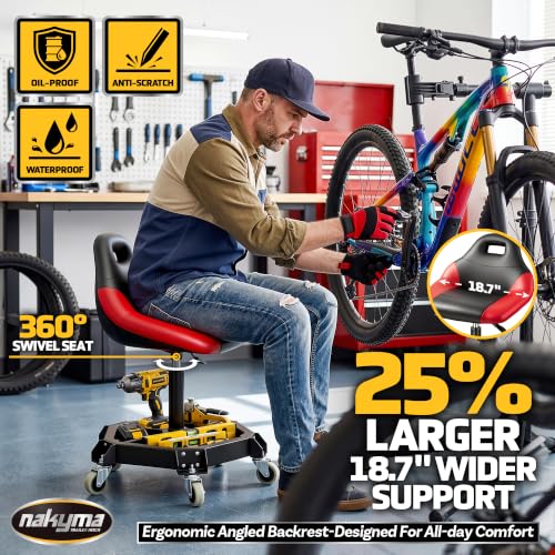 Rolling Shop Stool with Wheels, 330 LBS Capacity Garage Stool Mechanic Stool Seat with Backrest and Tool Tray Storage, Pneumatic Work Chair Adjustable Height Mechanic Chair for Workshop, Red