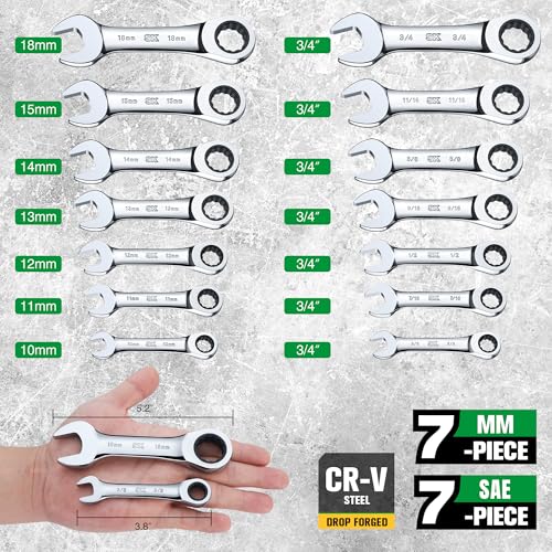 SK Stubby Ratcheting Wrench Set, Combination Wrench Set, 14-Piece, SAE & Metric, 72-Tooth, CR-V Steel, with Rolling Pouch - size: Metric & SAE