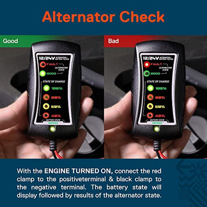 True Mods 12V 24V DC Automotive Auto Car Battery and Alternator Tester [Large Clamps] [LED Indication] Digital Checker Diagnostic Tool for Van Pickup Truck Vehicle Motorcycle