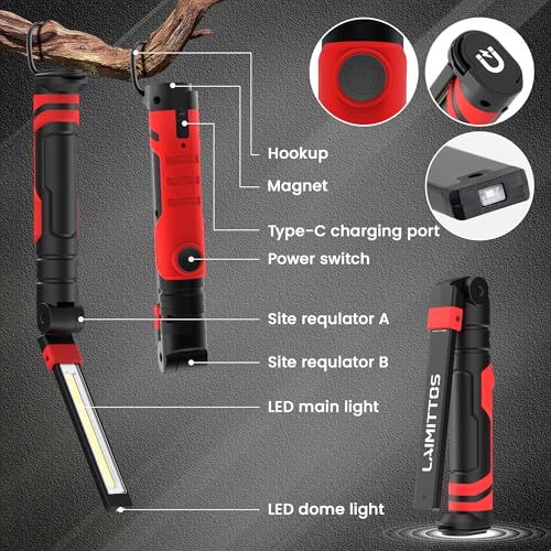 Rechargeable LED Work Light, Magnetic Flashlight Mechanic Light Tool for Men Him, Foldable Lamp with Hook for Car Repair Emergency BBQ Grill (2 Pack) - style: 350 Lumens+600 Lumens