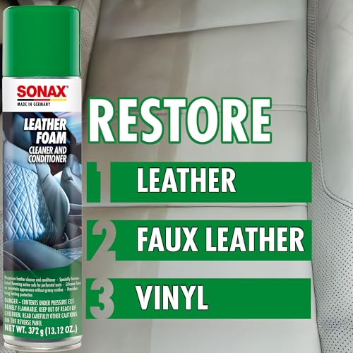 SONAX Leather Foam 289300 | 2 in 1 Aerosol Leather Cleaner and Conditioner | Safe to Use on Perforated Air Conditioned/Heated Seats | UV Protection Prevents UV Damage | 13.02 oz