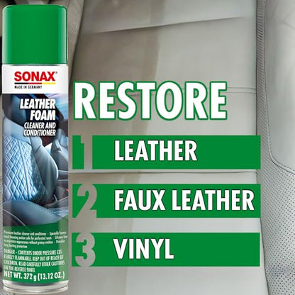 SONAX Leather Foam 289300 | 2 in 1 Aerosol Leather Cleaner and Conditioner | Safe to Use on Perforated Air Conditioned/Heated Seats | UV Protection Prevents UV Damage | 13.02 oz