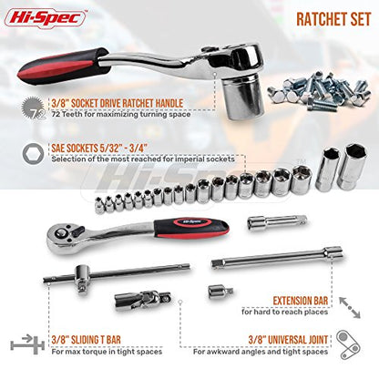 Hi-Spec Tools 67pc SAE Auto Mechanics Hand Tool Kit Set. Complete Car, Motorcycle, Engine & Garage Repairs with Sockets, Ratchet Wrench, Pliers & More - size: SAE_67 PCS