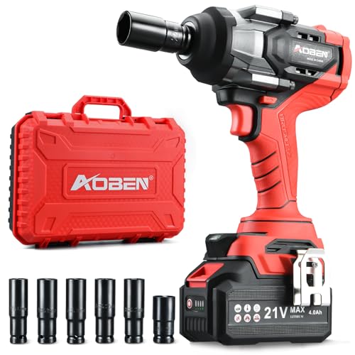 AOBEN 1100N.m Cordless Impact Wrench, 1/2" High Torque Impact Gun, 3-Speed 2500RPM Power Impact Driver for Car RV Tire Lug Nuts, Includes 4.0Ah Battery & Fast Charger, 6 Sockets & Carry Case - size: AB-7337-C