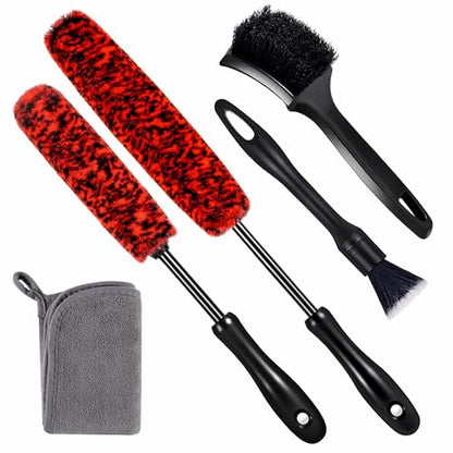 SIMPOR 5 Pcs Wheel & Tire Brush Kit with Cleaning Towel, 2 Long Handle Soft Microfiber Wheel Cleaning Brushes, Stiff Tire Brush, Car Detailing Brush, Non-Scratch Bendable Rim Cleaner Brush Set