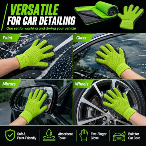 Microfiber Car Drying Towel & Chenille Wash Mitt Set, 1300 GSM 16 x 24 in Absorbent Auto Detailing Towel, Scratch-Free Car Wash Cloth and Mitt for Washing, Drying, Detailing, Gray Green