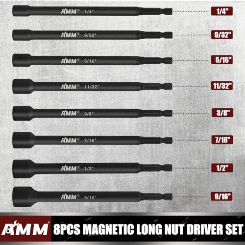 AMM 8PCS SAE Magnetic Nut Driver Set for impact drill, Long Nut Drivers 6 INCH (1/4" - 9/16"), 1/4” Hex Shank Nut Driver Bit， Cr-V Steel