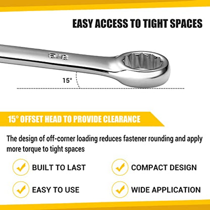 DEKOPRO Combination Wrench Set, Metric, 15-piece, 8-22mm, 12-Point, Chrome Vanadium Steel, with Plastic Tray - size: 15-Piece (Metric: 8-22 mm)