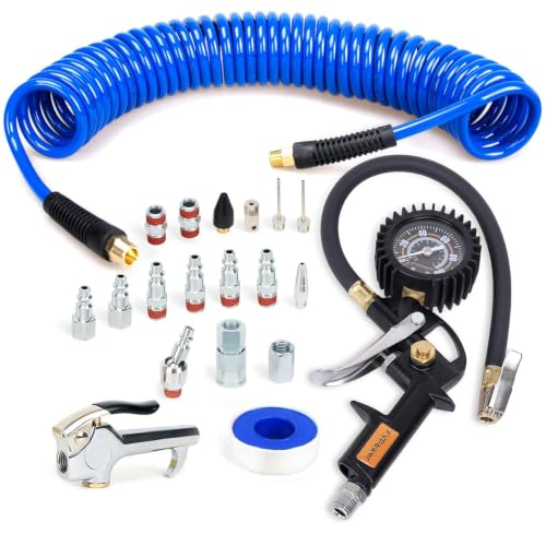 20 Pieces Air Compressor Accessories kit, 1/4 inch x 25 ft Recoil Poly Air Hose Kit, 1/4" NPT Quick Connect Air Fittings, Tire Inflator Gauge, Heavy Duty Blow Gun, Swivel Plug, Blue PU Hose