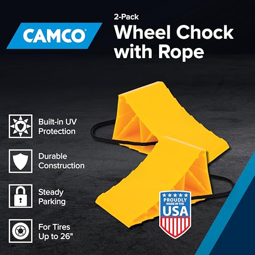 Camco Camper & RV Wheel Chock with Rope - Keeps Trailer in-Place to Safely Unhitch or Park - Compatible with Wheels Up to 26” in Diameter & Molded of Heavy-Duty Hard Plastic - 2-Pack - 44471 - style: w/ Rope Design