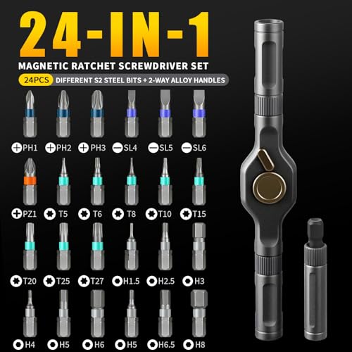 24 in1 Magnetic Screwdriver Set, Multi-Bit Ratchet Screwdriver Kit with S2 Steel Precision Bits,Detachable T-Handle Ratchet Screwdriver Set for PC,Bicycle, Electronics, Furniture, DIY, Gift for Him - size: 24 In 1