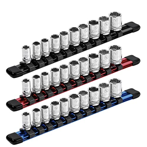 ARES 60077 1/4-In Multi-Color Socket Rail 9.84-In | Part No. 60077; Includes Red, Blue, and Black Rails; Each Aluminum Rail Stores up to 10 Sockets - color: Red, Blue, Black, size: 9.84" Aluminum Socket Rail Set