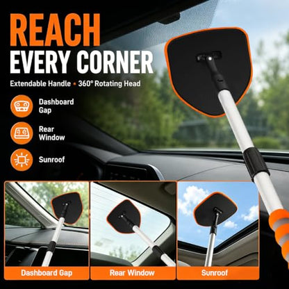 XINDELL Interior Windshield Cleaner Tool, Extendable Car Window Cleaning Kit with 360° Rotating Head, Interior Exterior Glass Cleaner for Cars Trucks SUVs, 10PCS with 3 Pads, Towels, Brushes & Bag | 360° Head, Extendable Handle, 3 Pads, 2 Brushes, 3 Towel