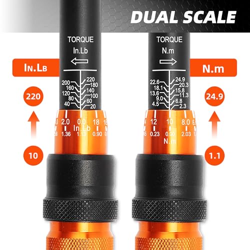 PRIDE&CRAFT 32Pcs Torque Wrench Set, 1/4 Inch Drive, 10-220 IN.LB Inch Pound Click Torque Wrench with Bit Sockets, 3/8 Adapter,Accuracy: ±3% Adjustable Torque Wrench for Bike, Motorcycle, Car
