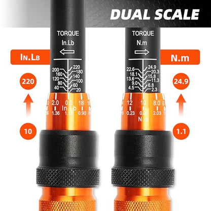 PRIDE&CRAFT 32Pcs Torque Wrench Set, 1/4 Inch Drive, 10-220 IN.LB Inch Pound Click Torque Wrench with Bit Sockets, 3/8 Adapter,Accuracy: ±3% Adjustable Torque Wrench for Bike, Motorcycle, Car