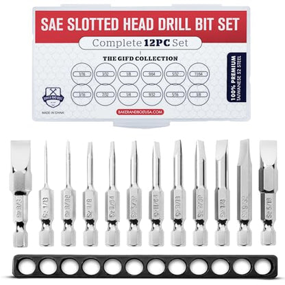 Slotted Screwdriver Bit Set | Premium12pc Complete SAE Set Bit Holder and Storage case Precision 1/4in Hex Shank Magnetic Flat Head Drive Bits Set 2 in Long Security Set for Drill Impact Drivers - style: SLOTTED (SAE)