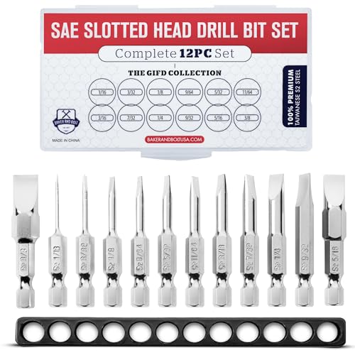 Slotted Screwdriver Bit Set | Premium12pc Complete SAE Set Bit Holder and Storage case Precision 1/4in Hex Shank Magnetic Flat Head Drive Bits Set 2 in Long Security Set for Drill Impact Drivers - style: SLOTTED (SAE)