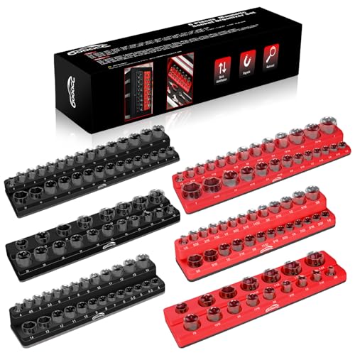 GOOACC Magnetic Socket Organizer Set, 6 Pieces Magnetic Socket Holder 1/2", 1/4", 3/8" Drive Metric & SAE Socket Tool Set, Socket Organizer Tray for Tool Box Drawer Holds 143 Standard Sockets - size: 6PCS SAE & Metric Red Black
