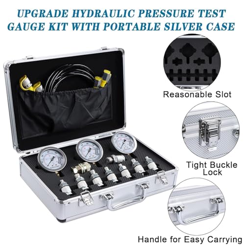 Hydraulic Pressure Test Kit with 3 Gauges 25/40/60 Mpa, 9 Couplings, 3 Test Hoses, Hydraulic Gauge Tester Set for Excavator Construction Machinery - size: Silver 3 gaugs 9 couplings