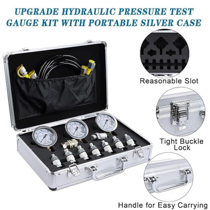 Hydraulic Pressure Test Kit with 3 Gauges 25/40/60 Mpa, 9 Couplings, 3 Test Hoses, Hydraulic Gauge Tester Set for Excavator Construction Machinery - size: Silver 3 gaugs 9 couplings