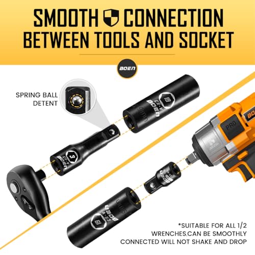 BOEN 1/2" Drive Impact Socket Set, 72 Piece Standard SAE (5/16"-1-1/4") & Metric (8-24 mm), Deep & Shallow Kit | Includes Ratchet Handle & Adapters | 3 ", 5", 10" Extension Bar