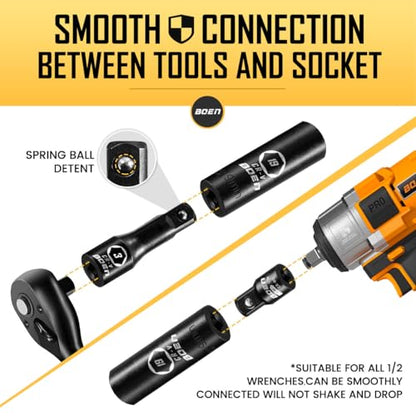 BOEN 1/2" Drive Impact Socket Set, 72 Piece Standard SAE (5/16"-1-1/4") & Metric (8-24 mm), Deep & Shallow Kit | Includes Ratchet Handle & Adapters | 3 ", 5", 10" Extension Bar