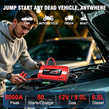 Car Jump Starter 5000A Peak, 12V Battery Booster Portable,59.2Wh Jump Pack | Jump Box Car Battery Charger(9L Gas/6L Diesel) with USB Ports, Jumper Cables,LED Light,Storage Case
