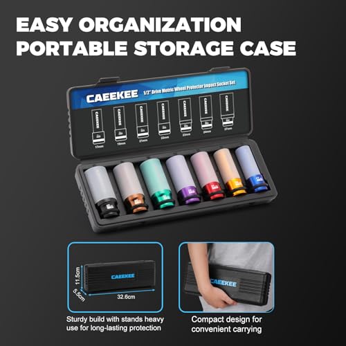7PCS 1/2" Drive Deep Lug Nut Impact Socket Set, Non-Marring Thin Wall Wheel Protector Socket，CR-MO, 6 Point, Metric 17, 19, 21, 22, 23, 24, 27, Color Coded