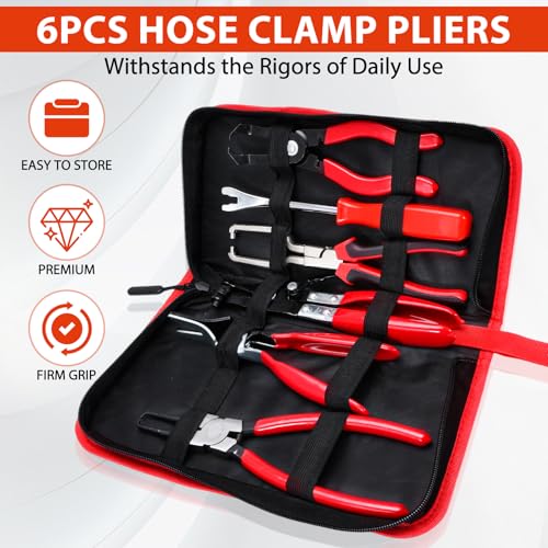 6PCS Fuel Line Pliers Set, Hose Clamp Pliers, Long Fuel Filter Caliper Hose Remover, 30° Disconnecting Plier & Flat Hose Clamp Plier for Water Hose and Automotive Maintenance with Storage Case