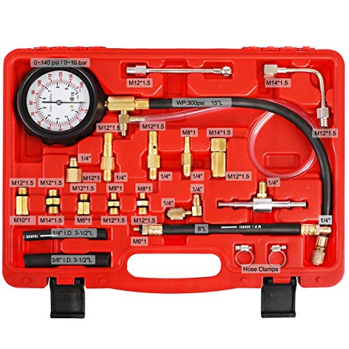 YSTOOL Fuel Pressure Tester Engine Injector Pump Test Gauge Kit 140PSI | Automotive Gasoline Gas Injection Manometer Tool Set with Inline Fitting Schrader Adapter for Auto Car Motorcycle Red Case