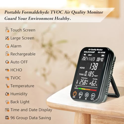 Upgraded 4-in-1 Air Quality Monitor – Portable HCHO & TVOC Detector | Temp/Humidity, Large LCD Screen, Audible Alarm, 96-Record Memory & Auto Shutdown for Home, Office, and RV