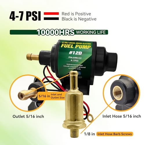 12D Micro Electric Diesel Fuel Pump Universal 5/16 inch Inlet and Outlet 12V 1-2 A, 35 GPH, 4-7 PSI with 5/16 Inch (8mm) ID Fuel Line Hose 6.56FT - color: 4-7PSI 35 GPH for diesel+ 6.56FT Fuel Line