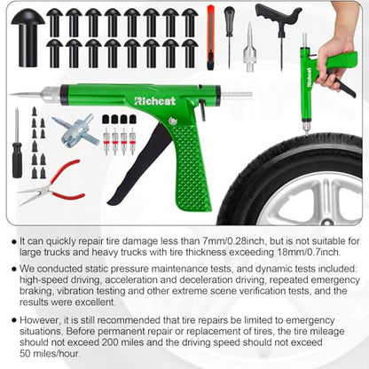 Richcat Tubeless Tire Puncture Repair Kit with Mushroom Plug, Repairs punctures and Flat Tires for Motorcycles, Cars, Trucks, ATVs,Gun Puncture Repair Kit - size: 50Plugs Kit