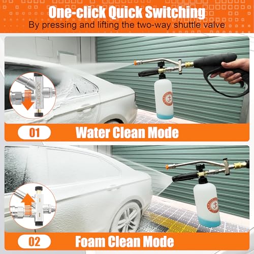 JOEJET Pressure Washer Gun with Foam Cannon Dual Connector Accessory | 1/4" Quick Connect, 5 Nozzle Tips, Dual Tip Attachment with Foam/Water Switch, Adjustable Foam, 2100 PSI, 8 GPM, 1 Liter