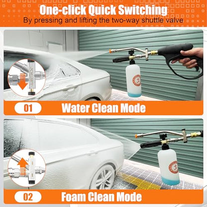 JOEJET Pressure Washer Gun with Foam Cannon Dual Connector Accessory | 1/4" Quick Connect, 5 Nozzle Tips, Dual Tip Attachment with Foam/Water Switch, Adjustable Foam, 2100 PSI, 8 GPM, 1 Liter