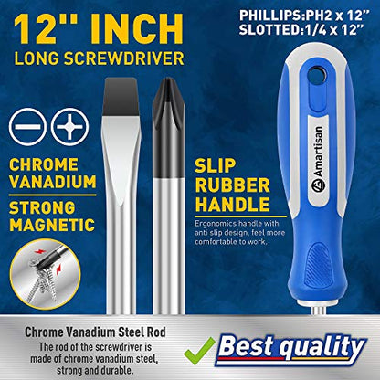 Amartisan 2-Piece 12'' long Screwdriver Set, Long Blade Screwdriver Set 12-Inch Magnetic Screwdriver, Phillips & Slotted Bits .（NEW）