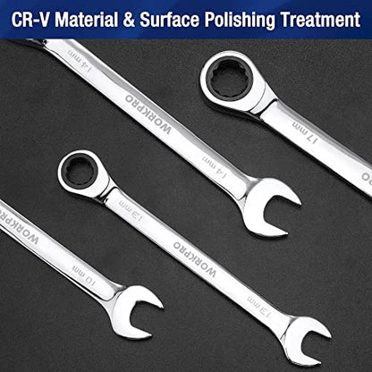 WORKPRO 22-Piece Ratcheting Combination Wrench Set, 72 Teeth, Combo Ratchet Wrenches Set with Organizer Box, Metric 6-18mm & SAE 1/4-3/4" - style: Regular & Polished